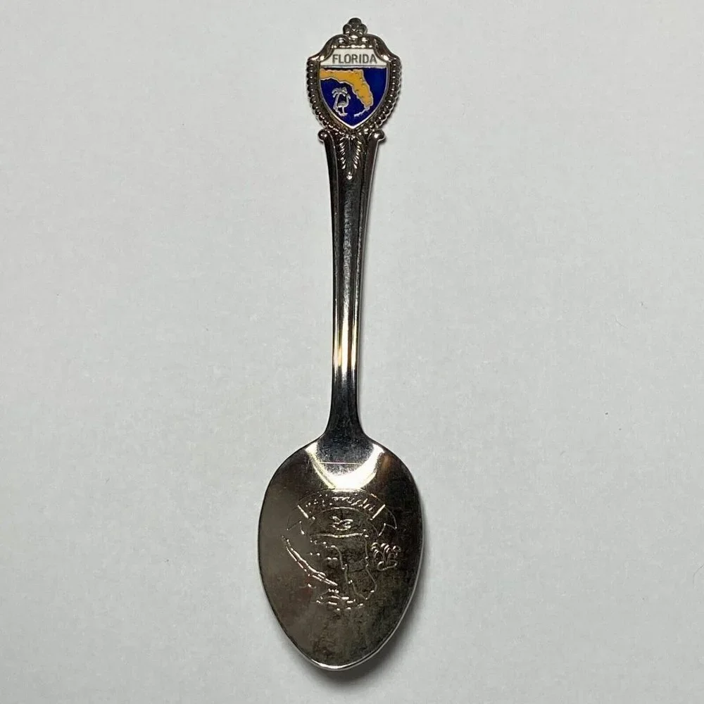 Florida Collectible Silver Travel Souvenir 4 3/8” Spoon Enamel Shield USA EUC‎